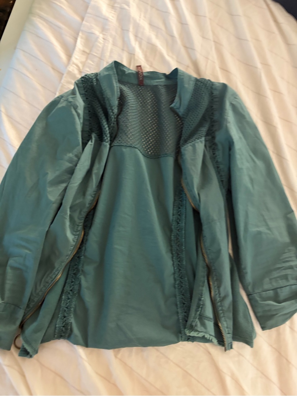 Women's Teal Bomber Jacket with Crochet Paneling